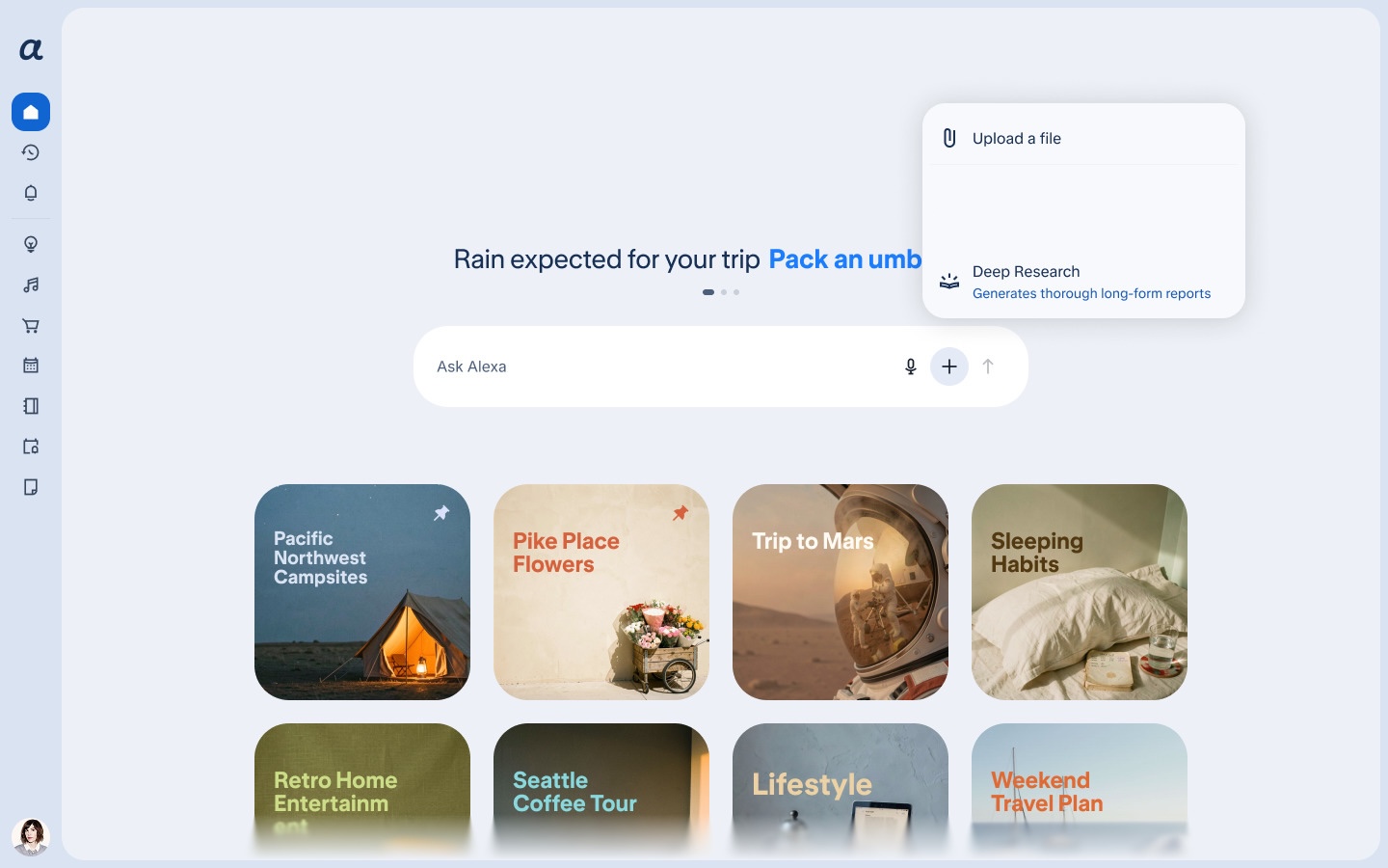 The home screen with the plus menu open, showing Upload a file, Royale and Deep Research