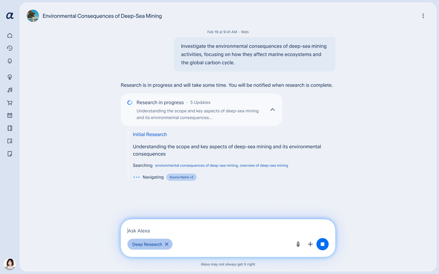 The expanded research pill showing each step in real time