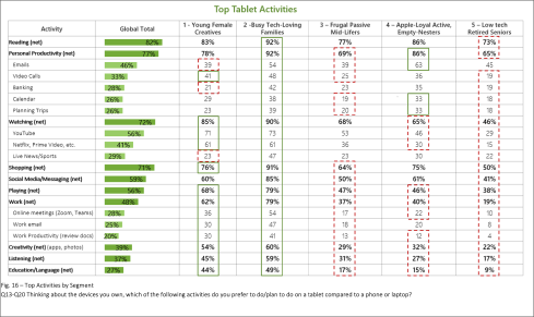 Usage data showing top tablet activities and deomgraphic info
