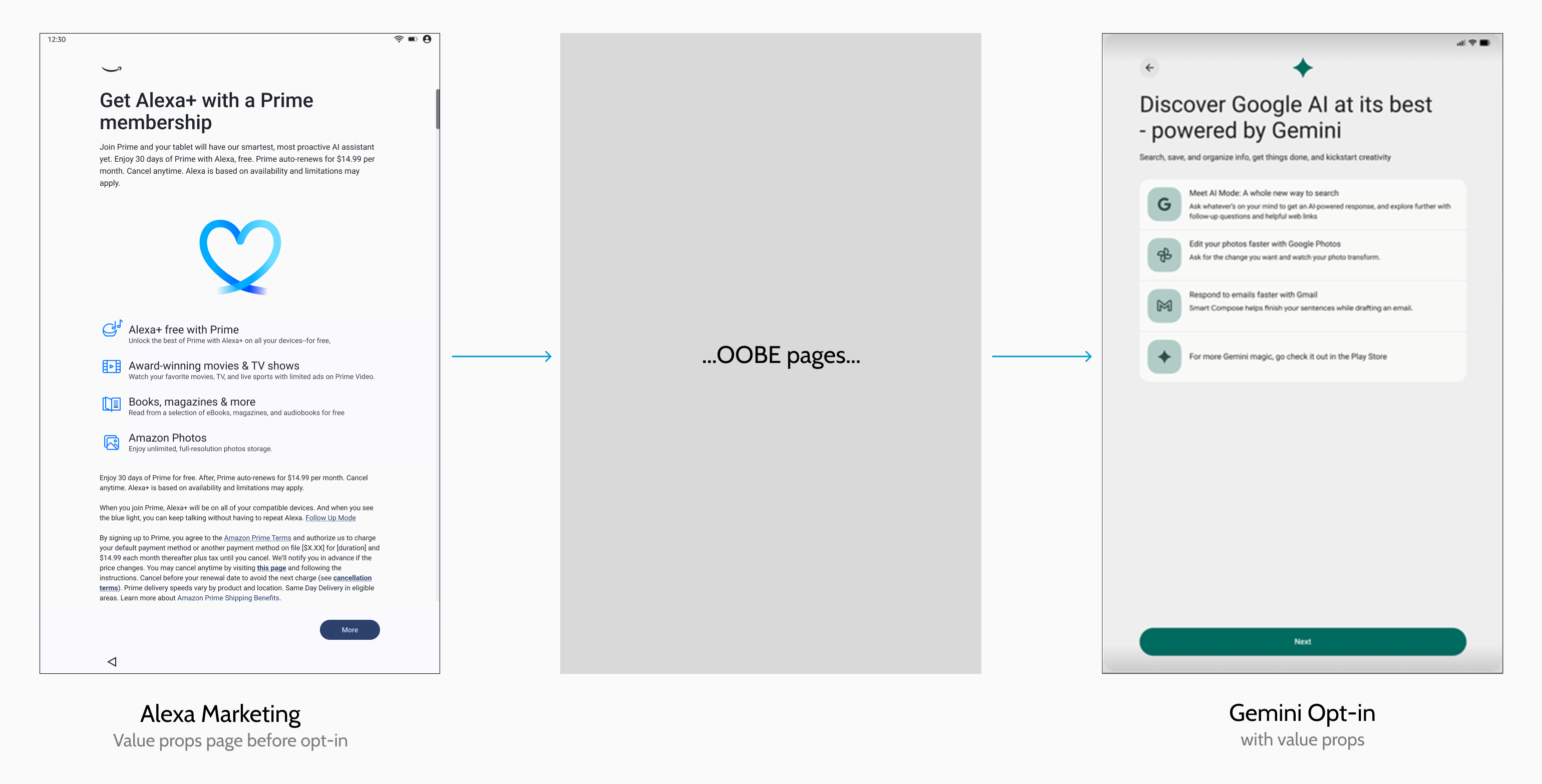 Flow showing Alexa+ agent screen, then Gemini screen